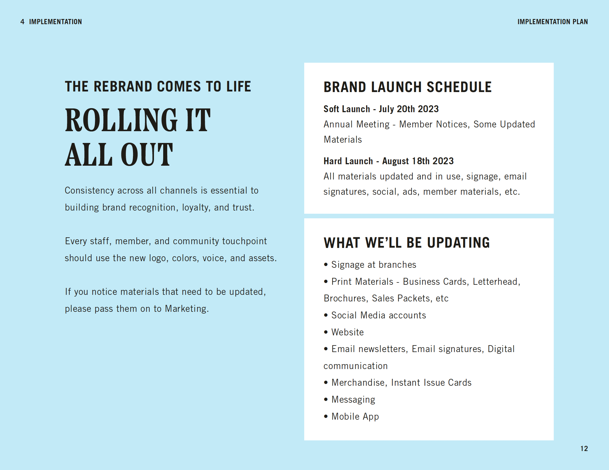 a diagram showing a rollout strategy for a credit union rebrand